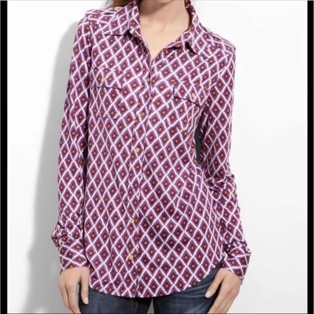 TORY BURCH “Edie” Diamond Print Silk Button Down Blouse Size SMALL